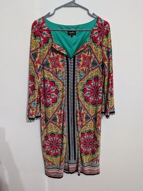 Laundry By Shelli Segal Teal, Red & Yellow Printed V-Neck Long Sleeve Dress
